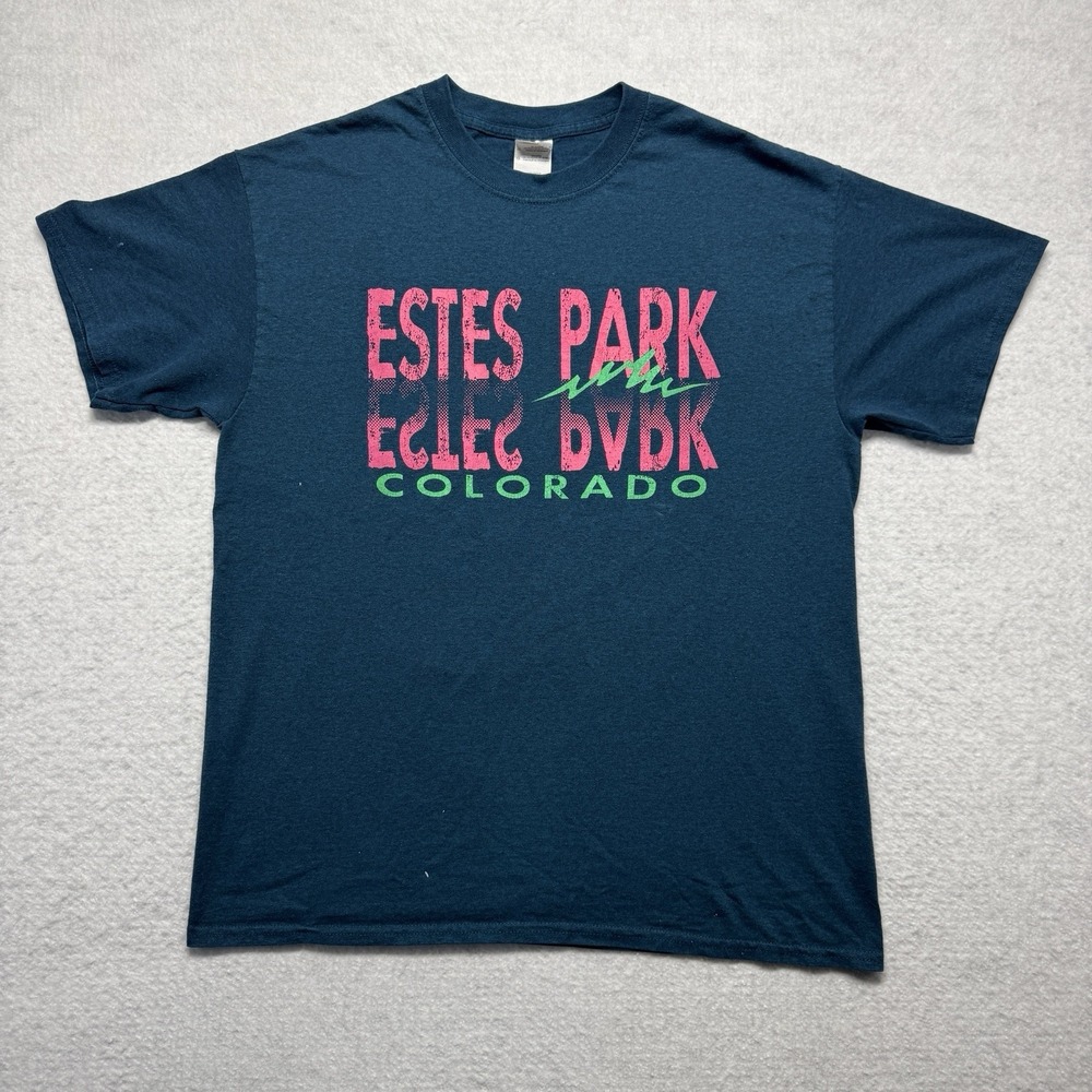 Vintage 90's T Shirt Estes Park Colorado Logo Graphic Print Blue Men's Size L